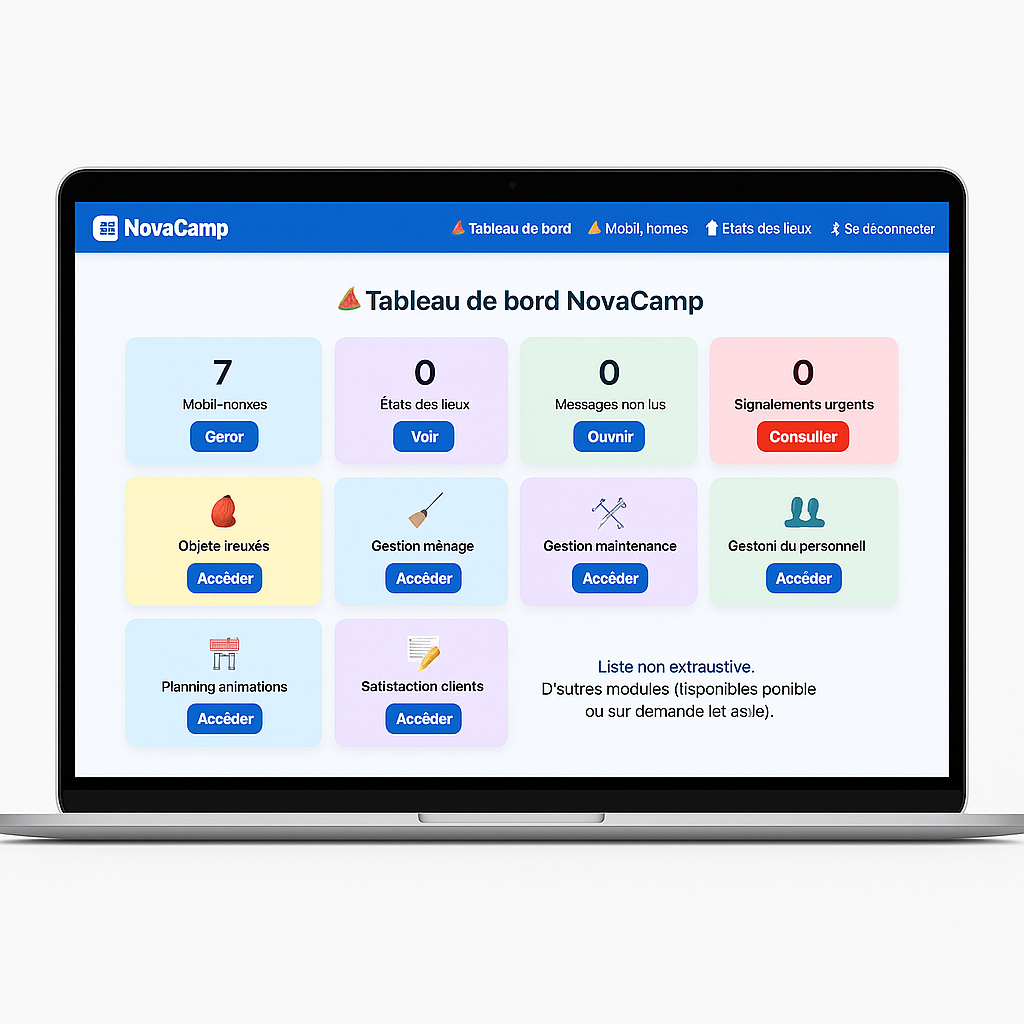 Tableau de bord NovaCamp pour la gestion du camping